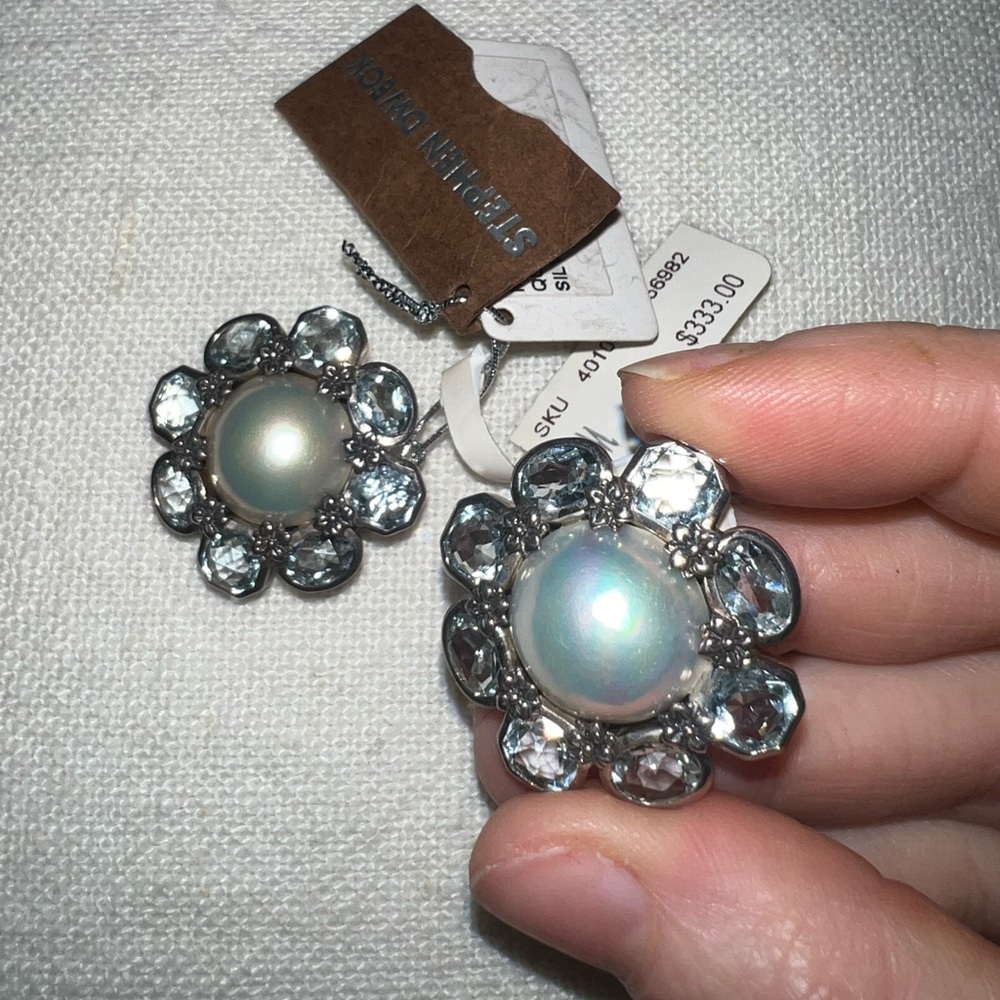 NWT Stephen Dweck Mabe Pearl Aqua Blue Quartz Sterling Silver Clip On Earrings